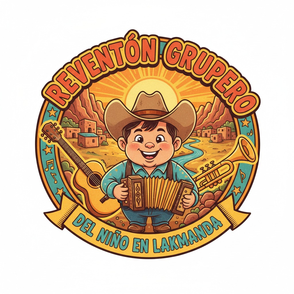 Logotipo circular con un niño sonriente tocando el acordeón, rodeado de una guitarra, una trompeta y un paisaje desértico con el texto "Reventón Grupero del Niño en Lakmanda".