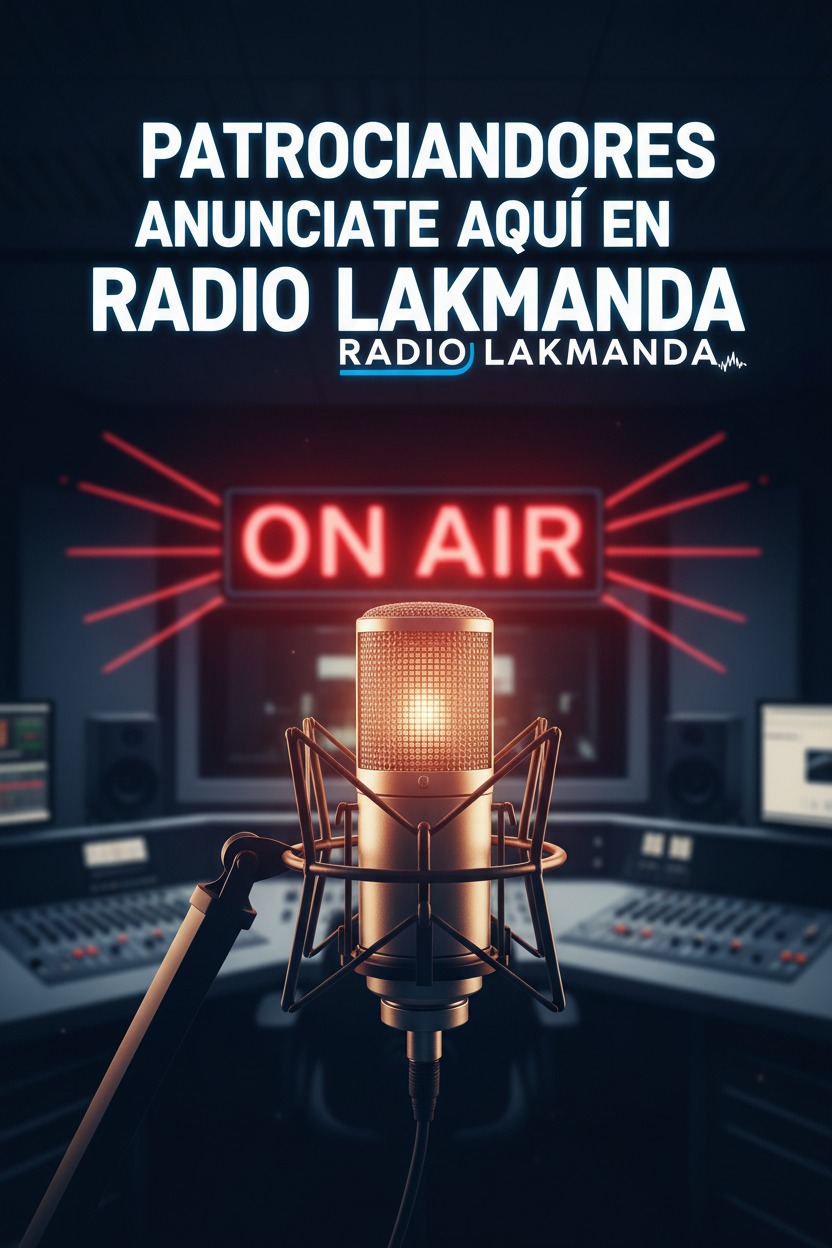 Micrófono de estudio frente a una consola de radio con un letrero luminoso que dice "ON AIR" y el texto promocional de Radio Lakmanda.