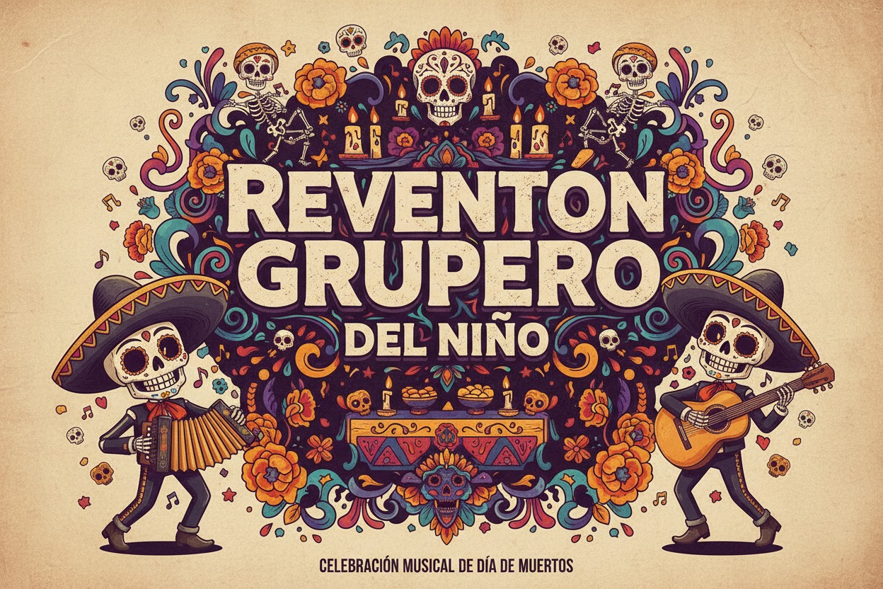 Ilustración temática de Día de Muertos con esqueletos músicos que tocan acordeón y guitarra, adornada con flores de cempasúchil y calaveras, y el texto "Reventón Grupero del Niño".