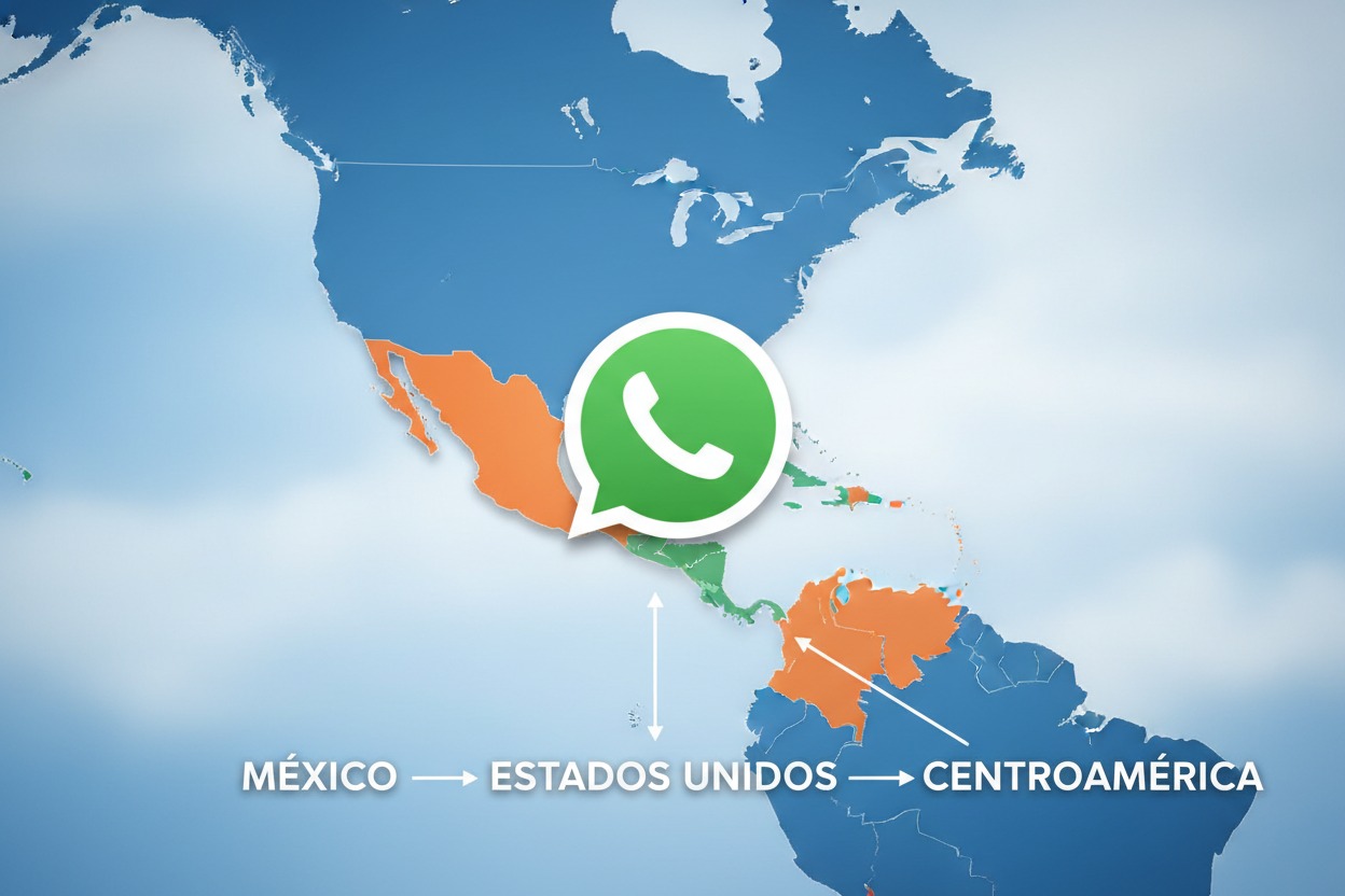 Mapa de Norte y Centroamérica que muestra la cobertura de servicio de telefonía con flechas entre México, Estados Unidos y Centroamérica, además del ícono de WhatsApp en el centro.