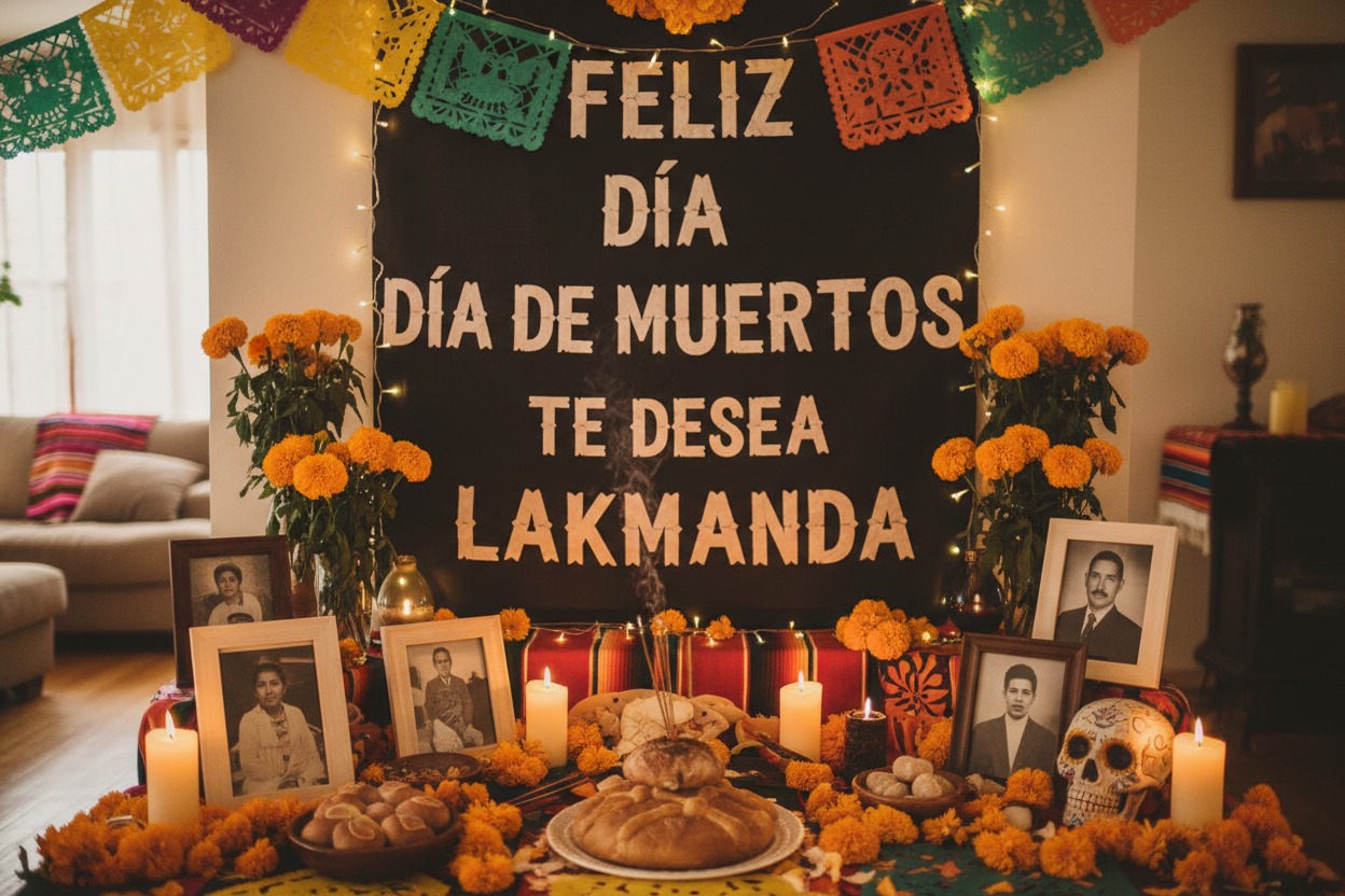 Altar de Día de Muertos decorado con flores de cempasúchil, velas encendidas, pan de muerto, fotografías enmarcadas y un letrero negro con letras blancas que dice "Feliz Día de Muertos te desea Lakmanda".